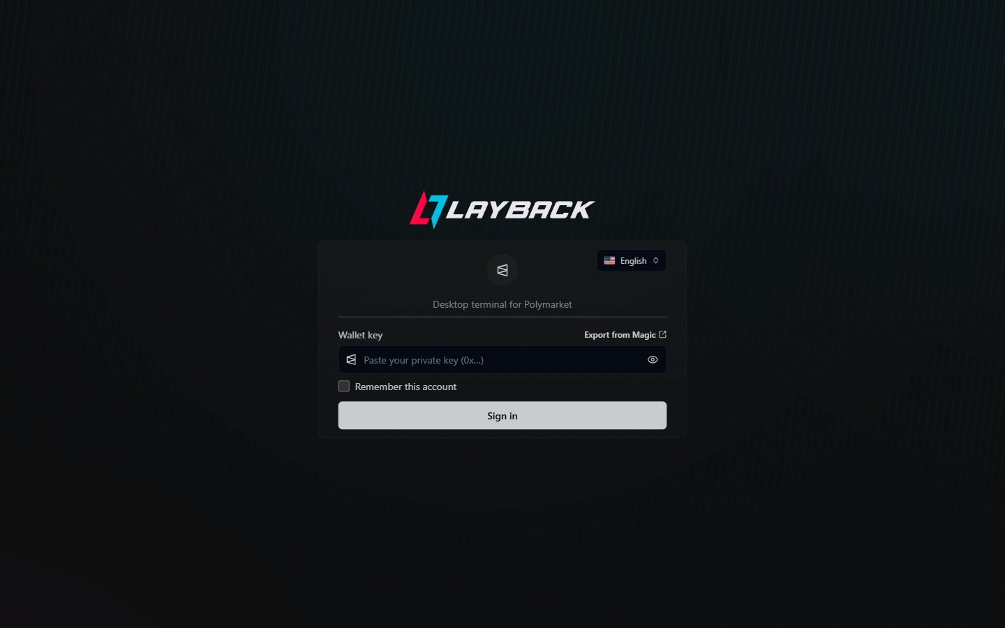 Layback X sign-in screen with the Wallet key field and the Export key from Magic link