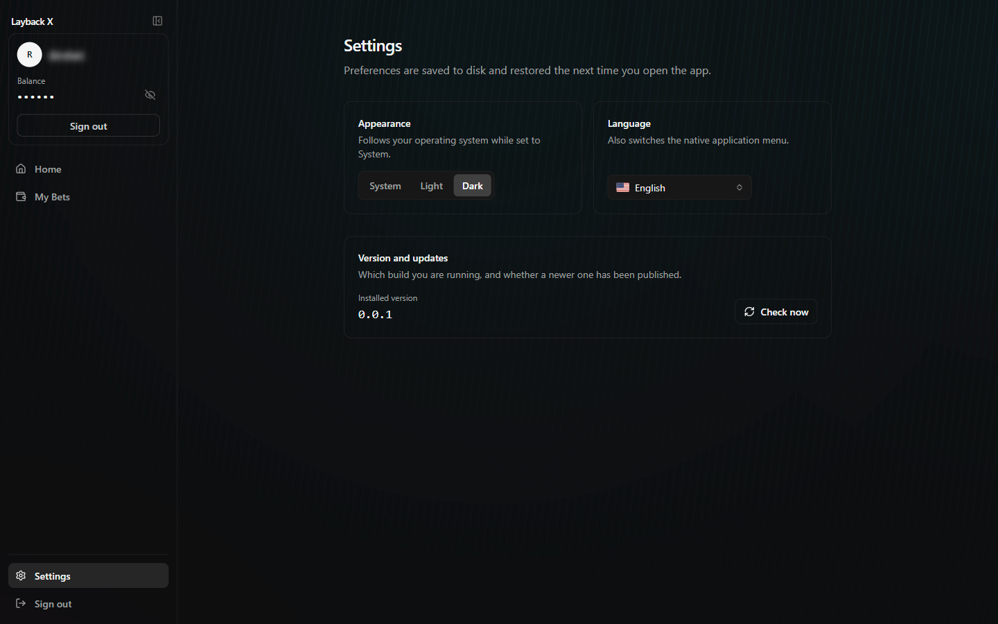 Layback X Settings screen with appearance and language