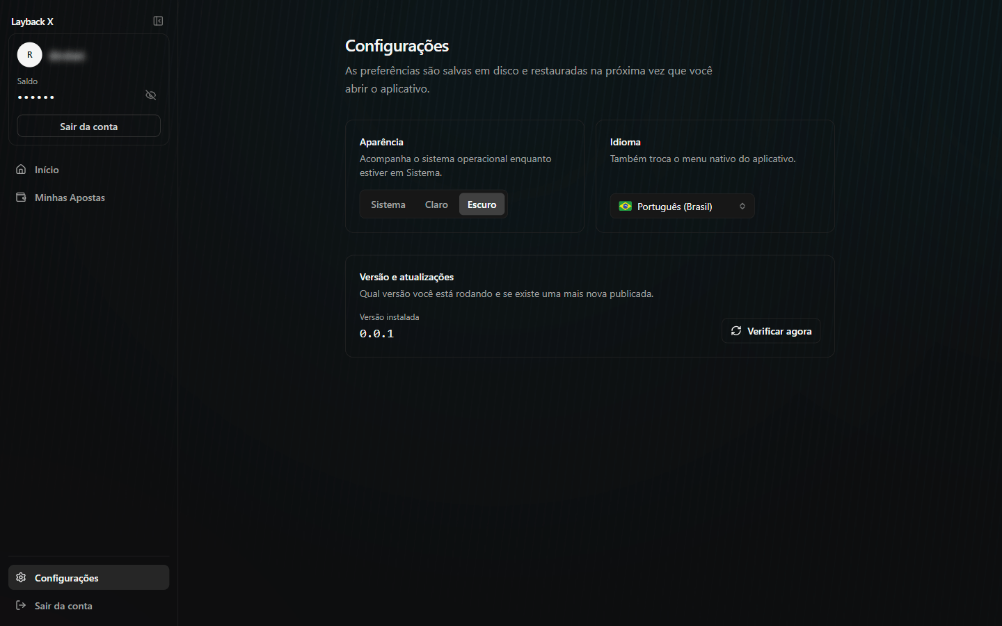Tela de Configurações do Layback X com aparência e idioma