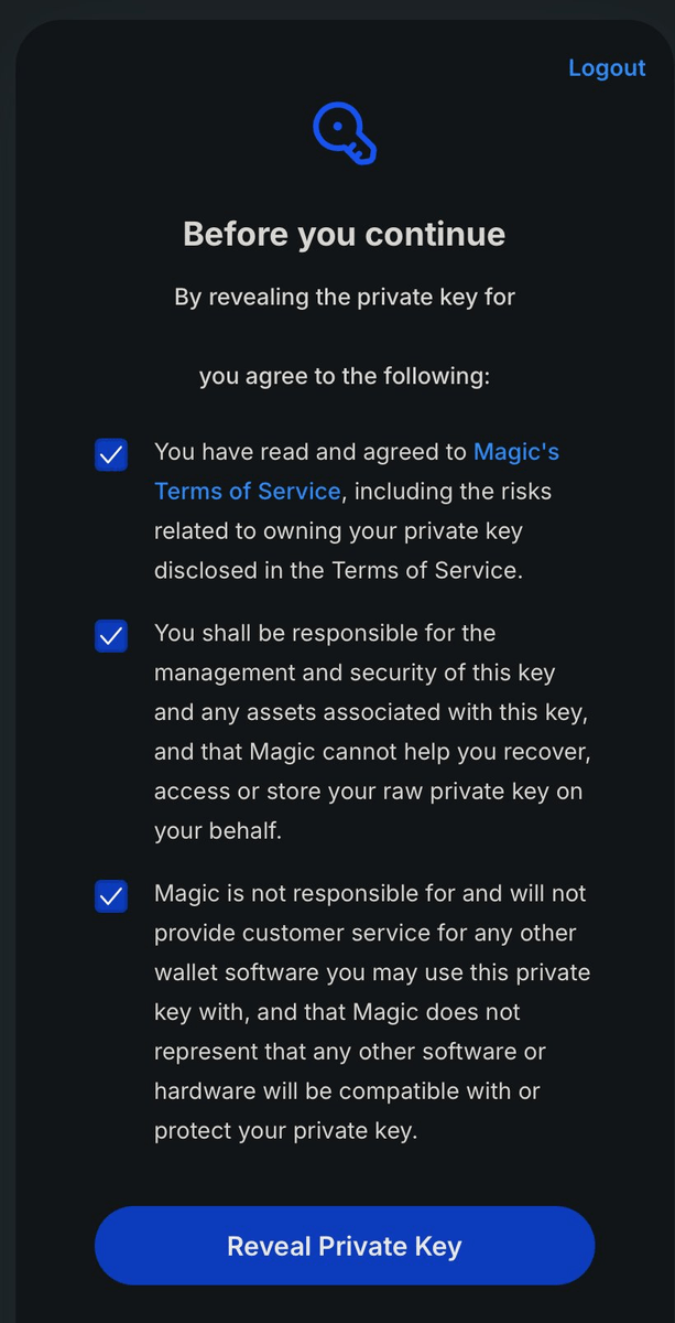 Magic page with the terms checkboxes and the Reveal Private Key button