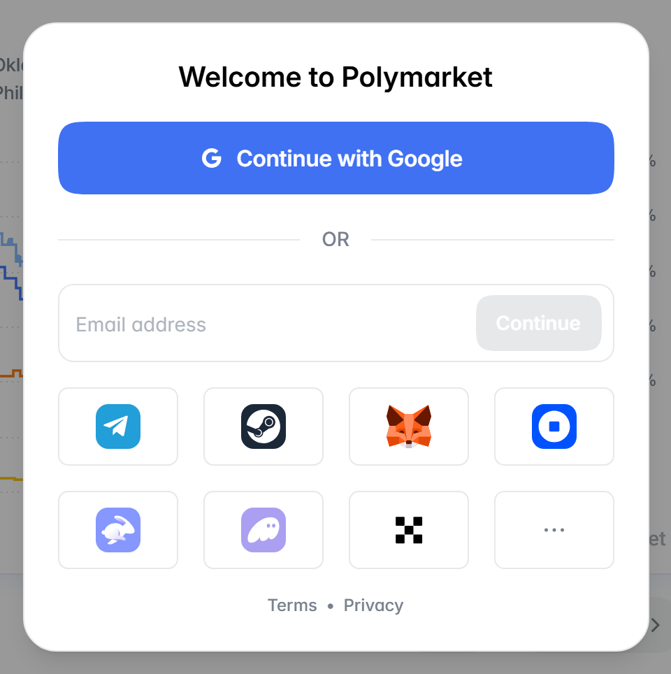 Janela Welcome to Polymarket com o botão Continue with Google, o campo Email address e os ícones de carteiras de cripto